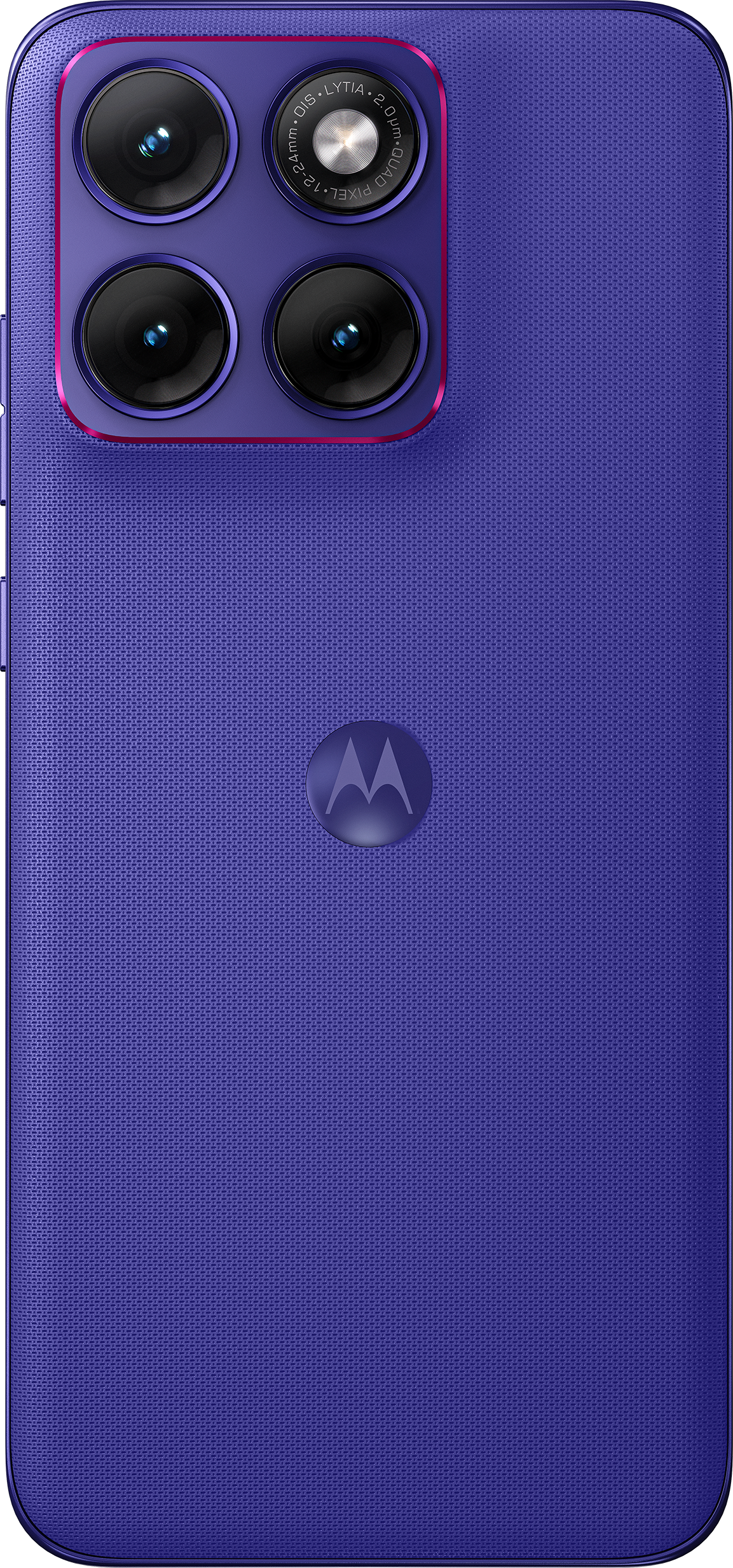 Lila Smartphone-Rückseite mit vier Kameras und einem Motorola-Logo.