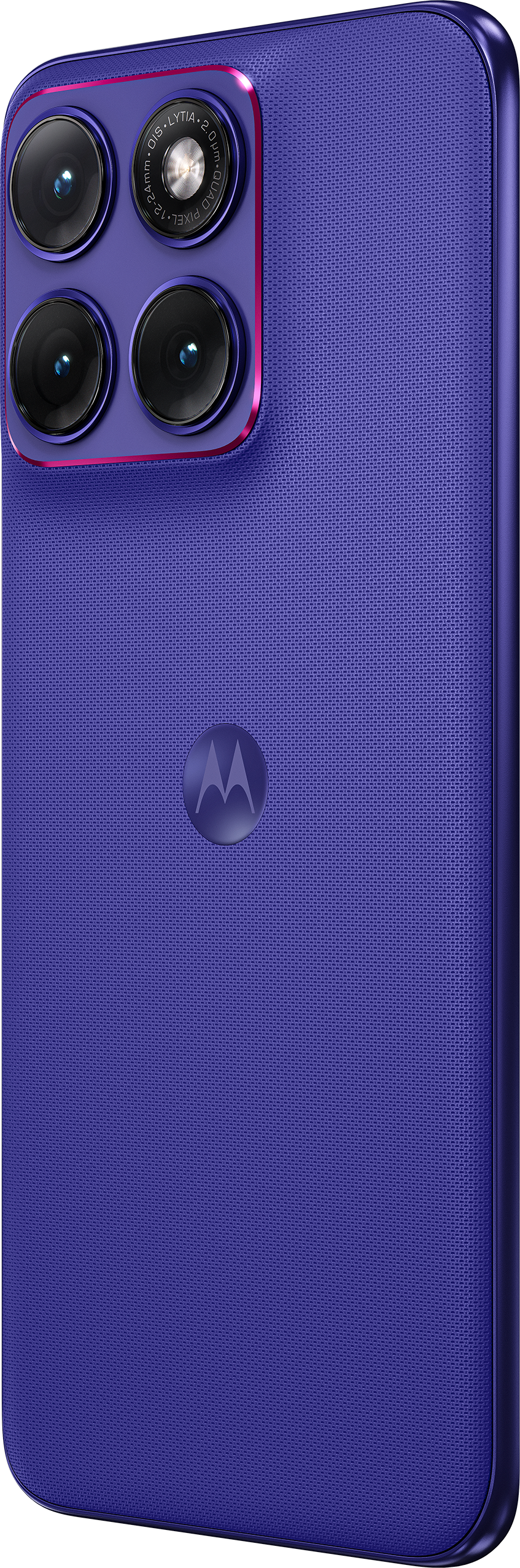 Ein violetter Motorola-Handyrücken mit vier Kameras und einem M-Logo.