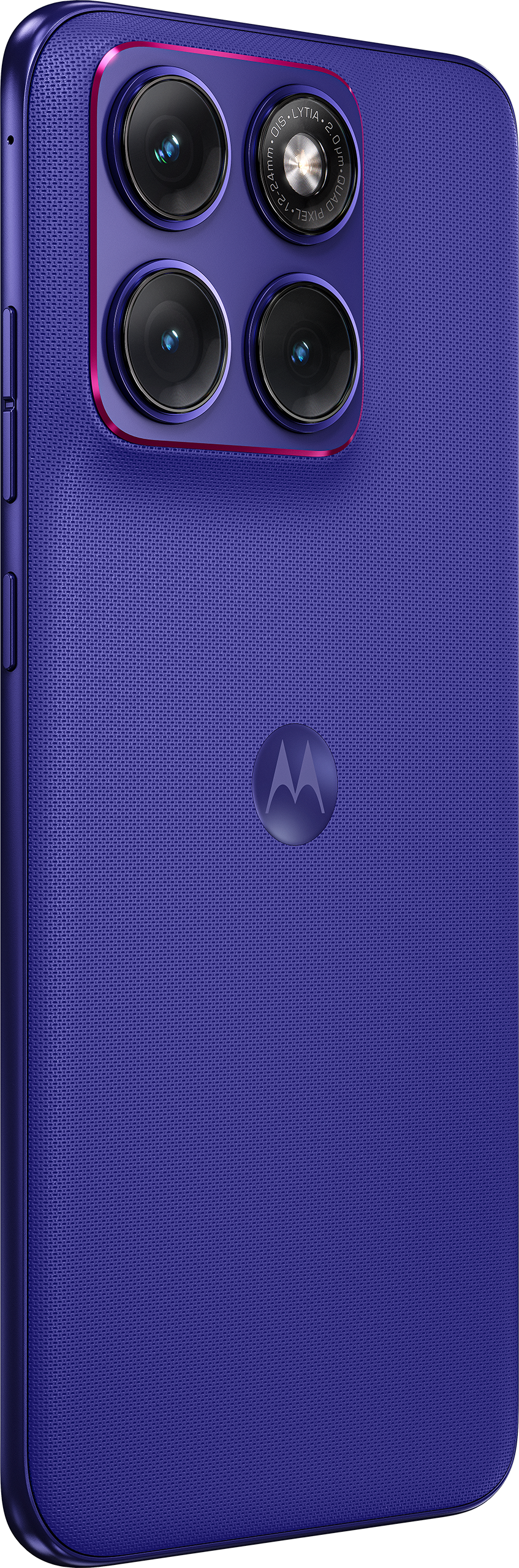 Lila Smartphone-Rückseite mit vier Kameras und Motorola-Logo.