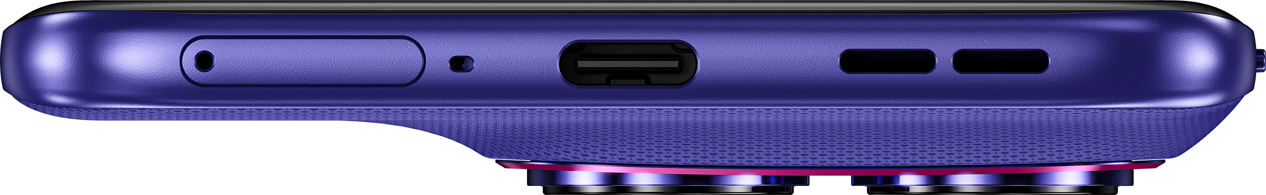 Lila Smartphone-Seite mit Ladeanschluss, Lautsprechergitter und einem 3,5-mm-Anschluss.