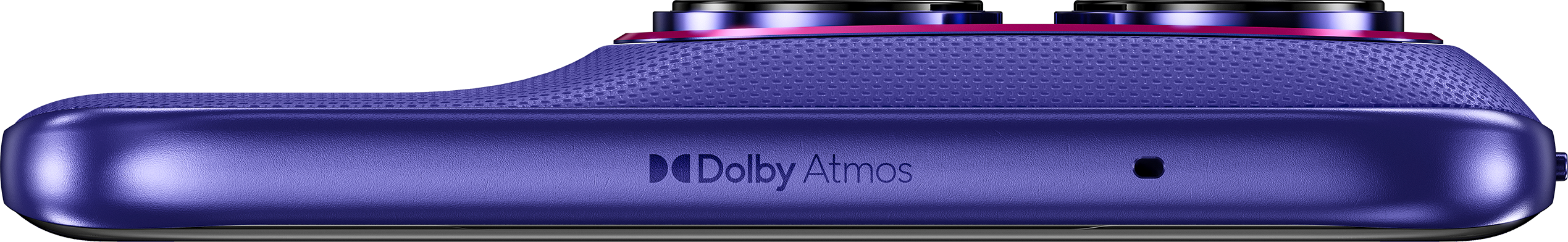 Lila Gerät mit Dolby Atmos Logo und zwei oberen Drehrädern.