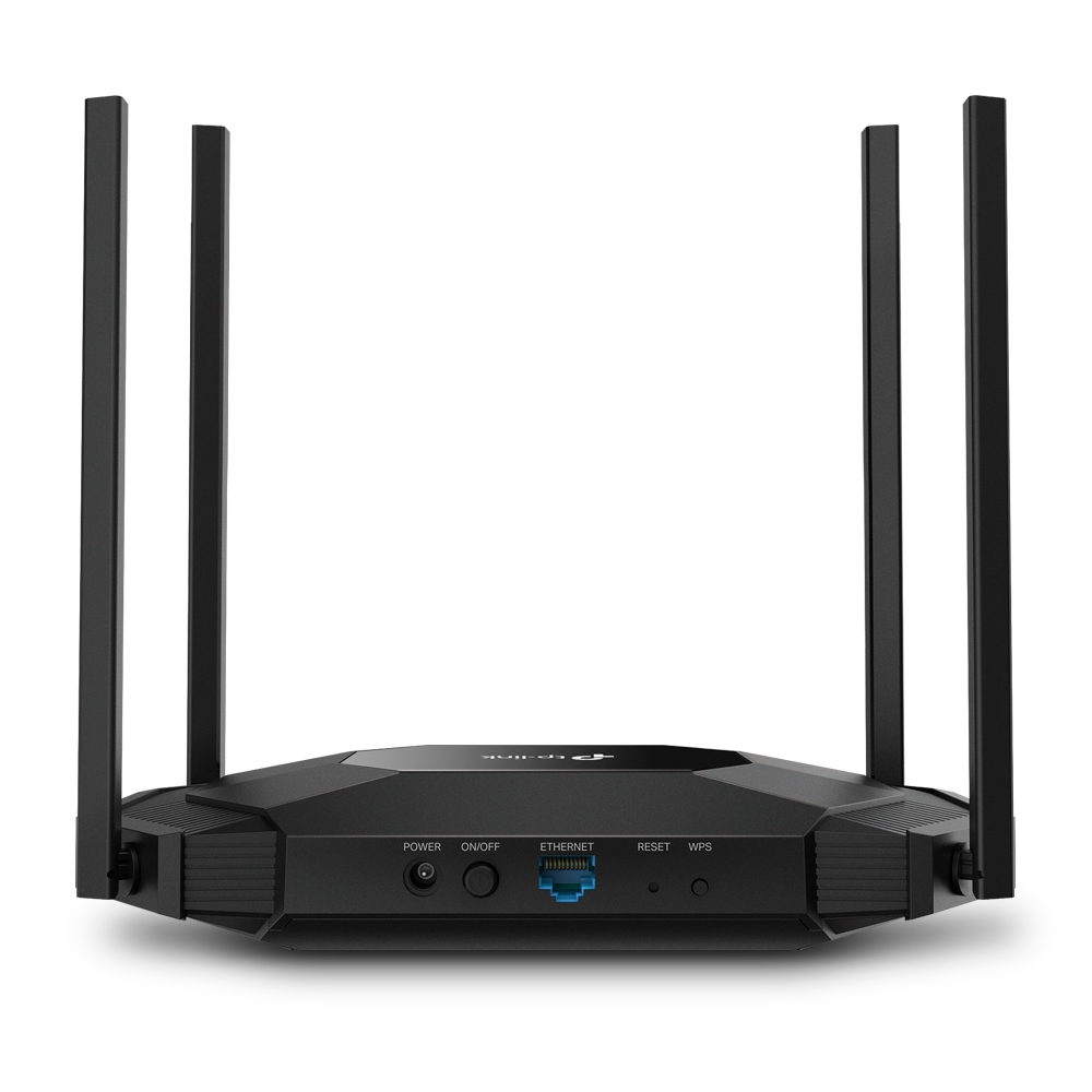 Schwarzer Router mit vier Antennen und Anschlüssen auf der Vorderseite.