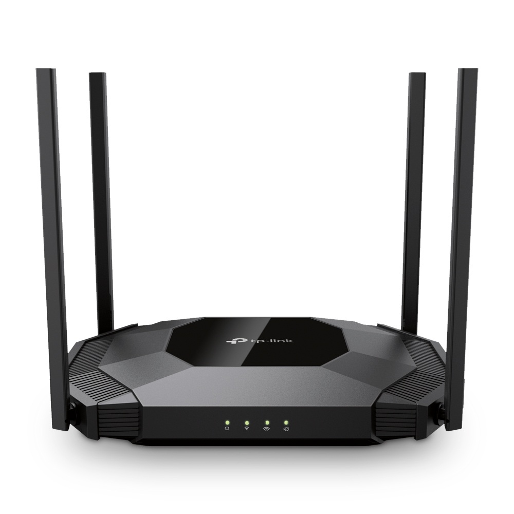 Ein schwarzer TP-Link WLAN-Router mit vier Antennen und leuchtenden LEDs.