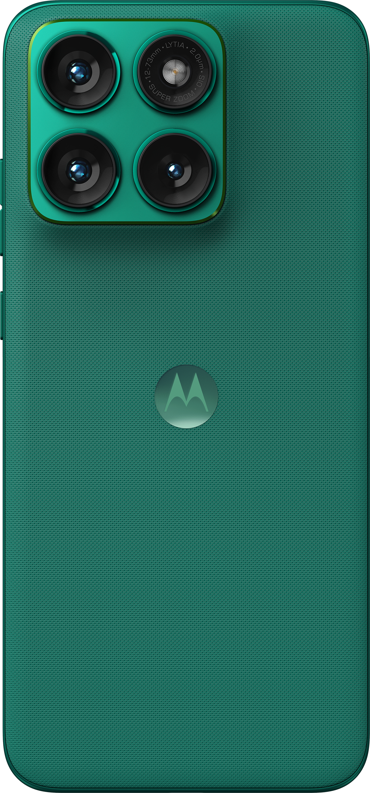 Rückseite eines tealfarbenen Smartphones mit vier Kameralinsen und dem Motorola-Logo.