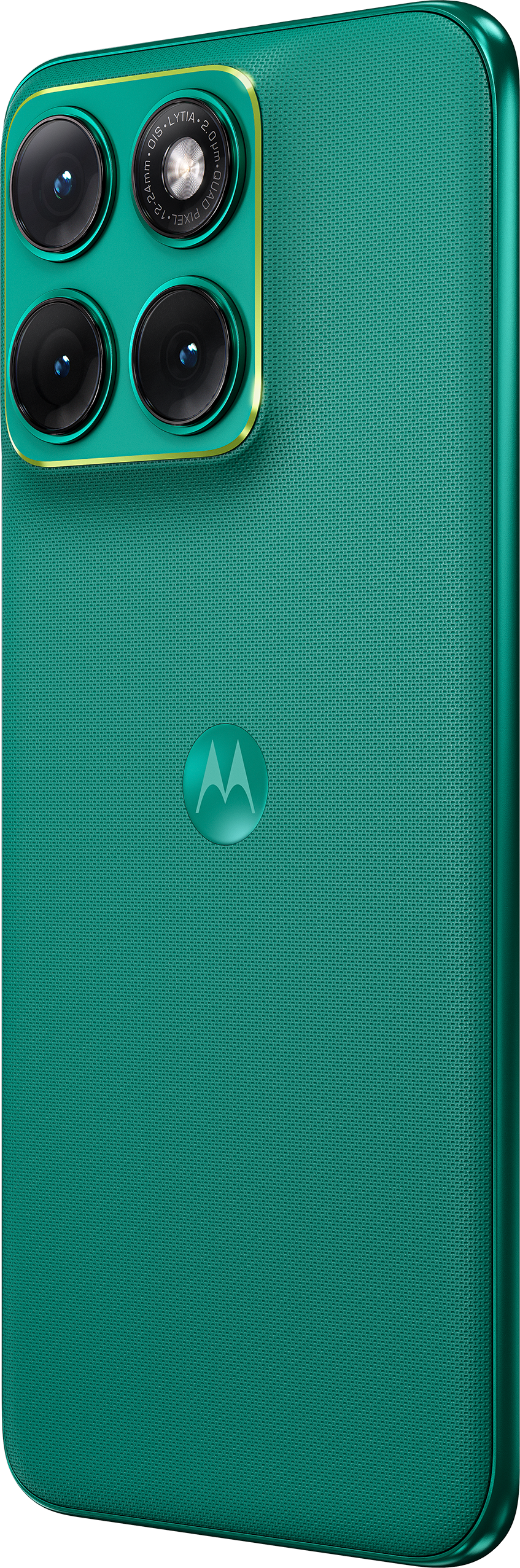 Grünes Smartphone mit vier Kameras und Motorola-Logo.