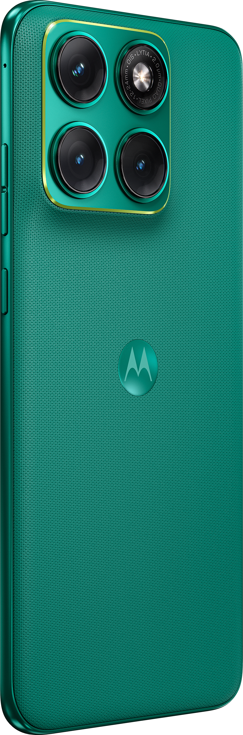 Rückseite eines smaragdgrünen Smartphones mit vier Kameras und Motorola-Logo.