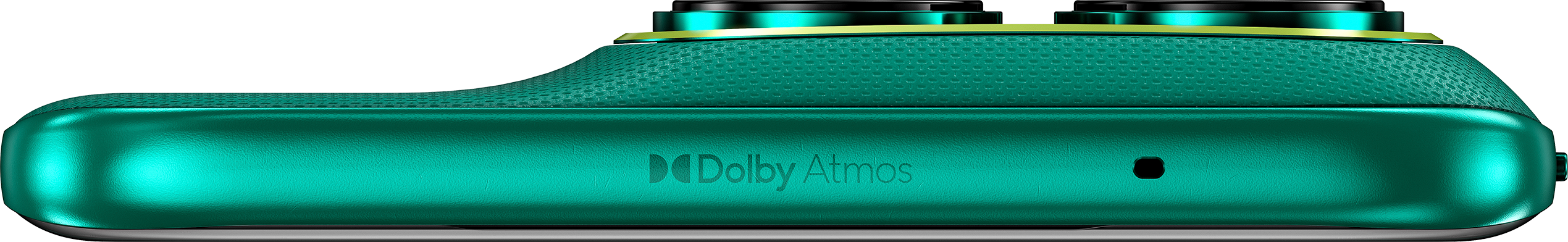 Türkisgrünes Gerät mit texturierten Oberflächen und Dolby Atmos-Logo.