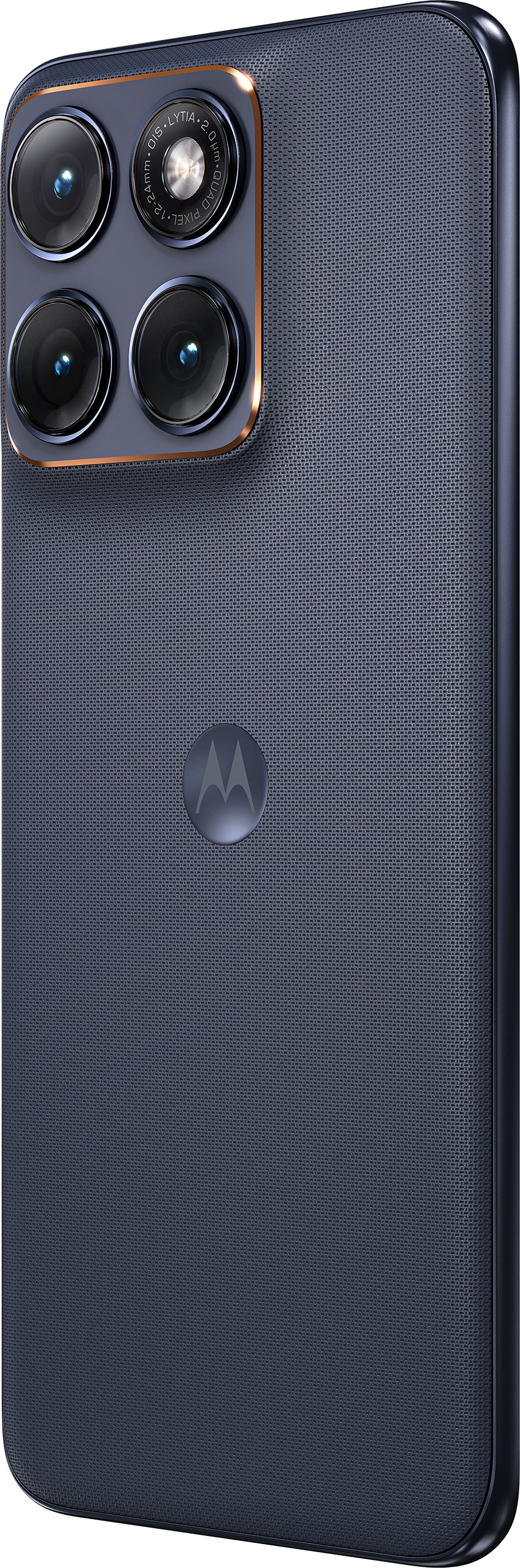 Retro di uno smartphone Motorola scuro con quattro fotocamere e logo.