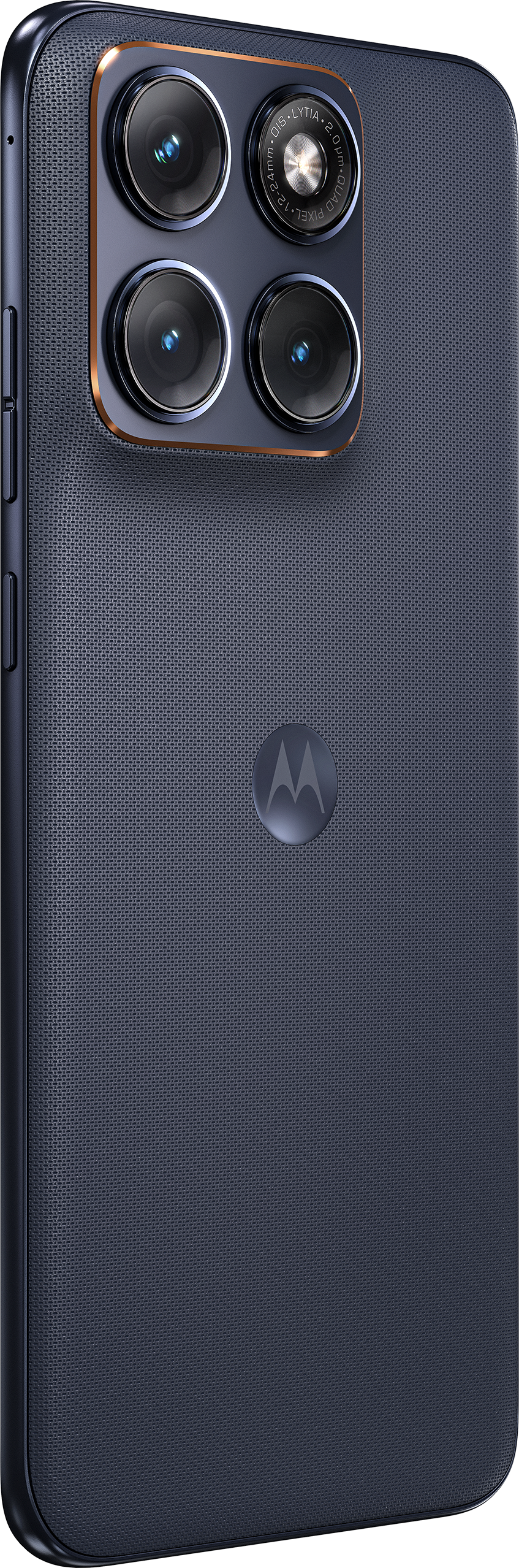 Retro di smartphone scuro con quad camera e logo Motorola.