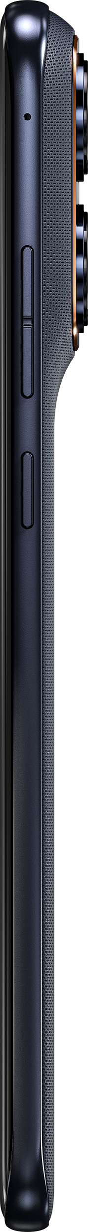 Profilo smartphone blu scuro con pulsanti volume e impugnatura testurizzata.