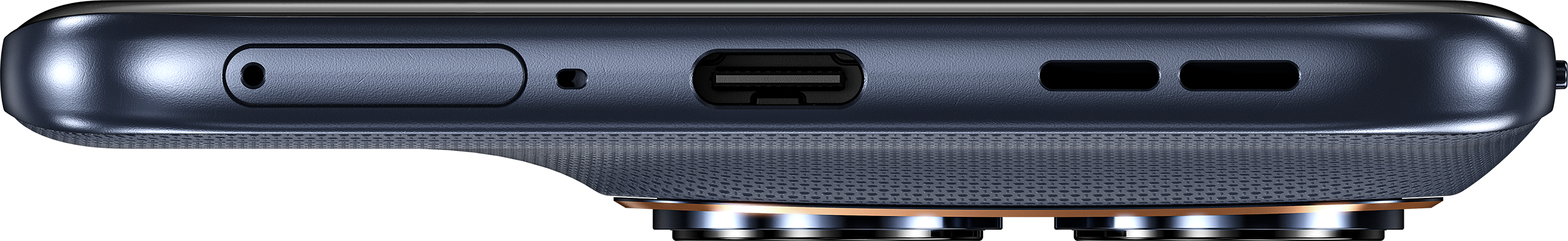 Primo piano del bordo inferiore di uno smartphone scuro con porta USB-C e griglie dell'altoparlante.