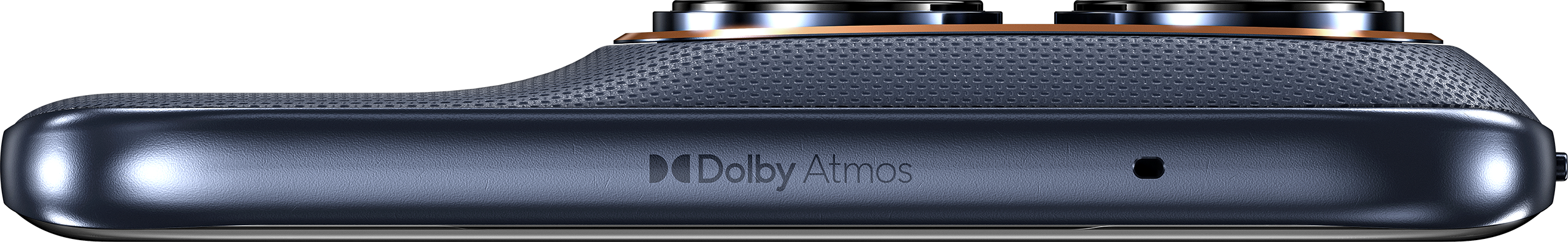 Un dispositivo grigio con logo Dolby Atmos, foro nero e pulsanti metallici.