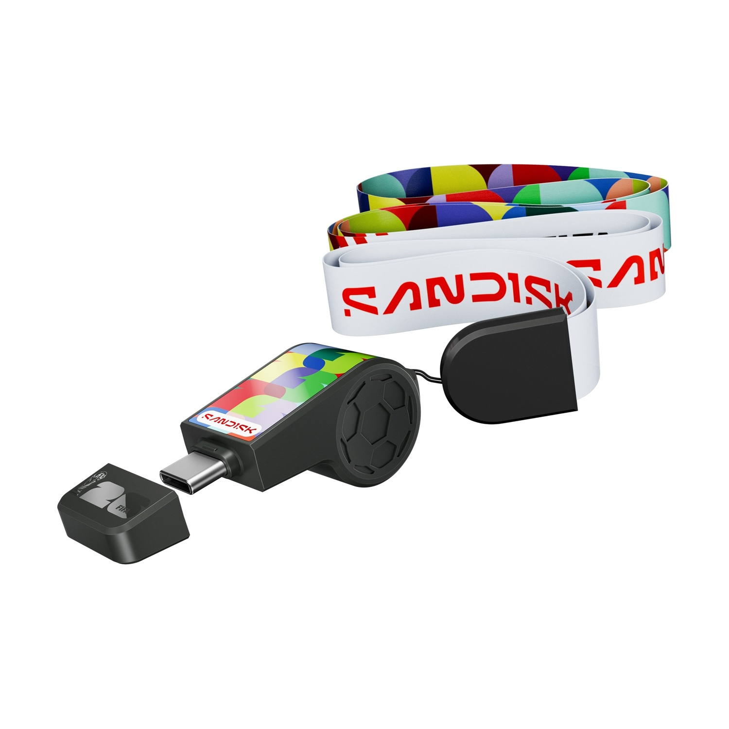 Un'unità USB con motivo colorato e cordini rossi e cerchi colorati.