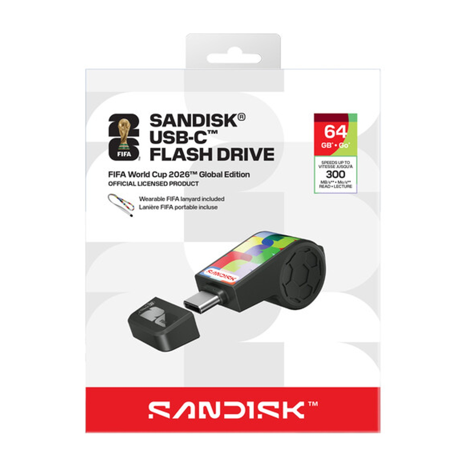 Chiavetta USB Sandisk USB-C, Edizione FIFA World Cup 2026, 64 GB, con laccetto.
