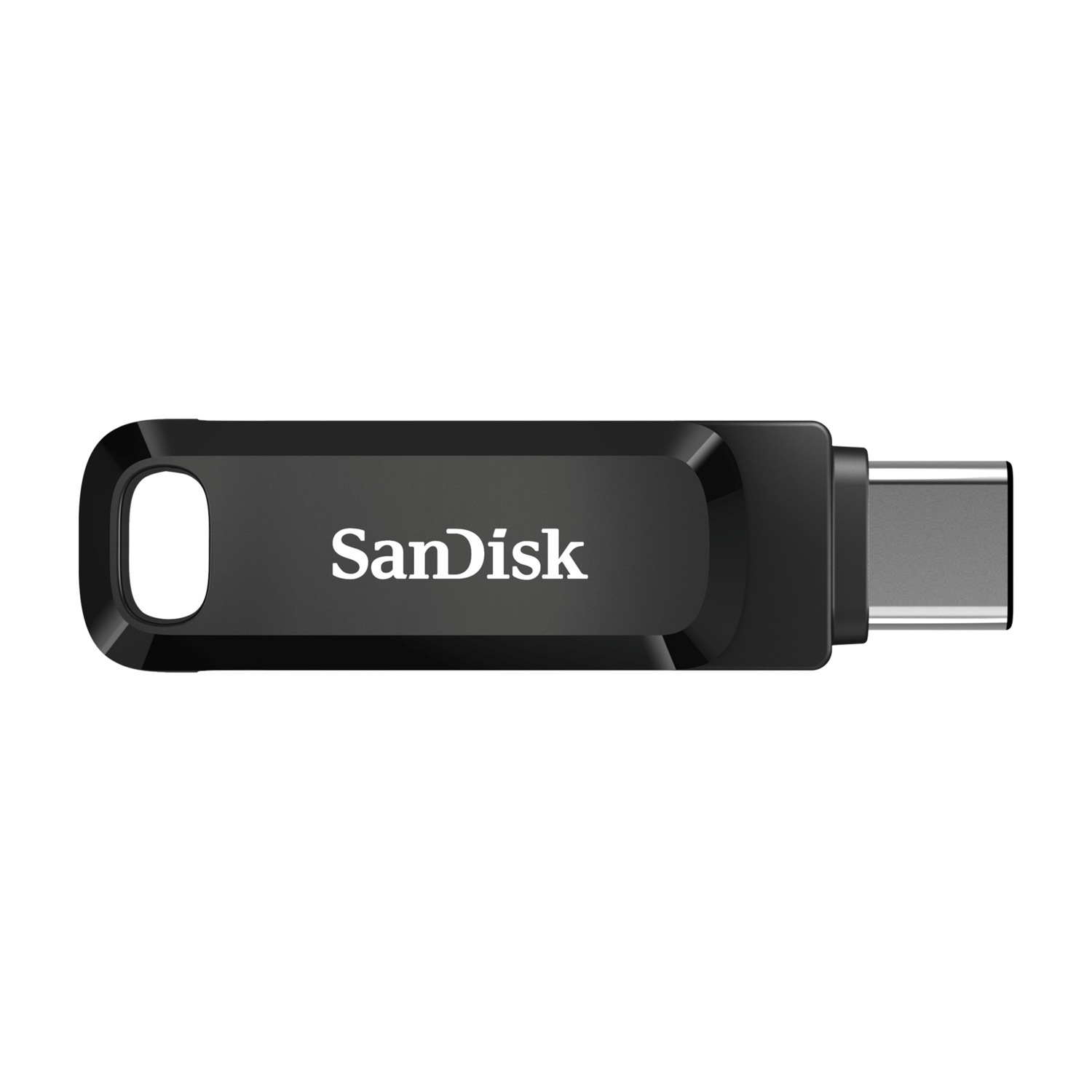 Unità USB-C SanDisk nera con connettore argentato e un foro.