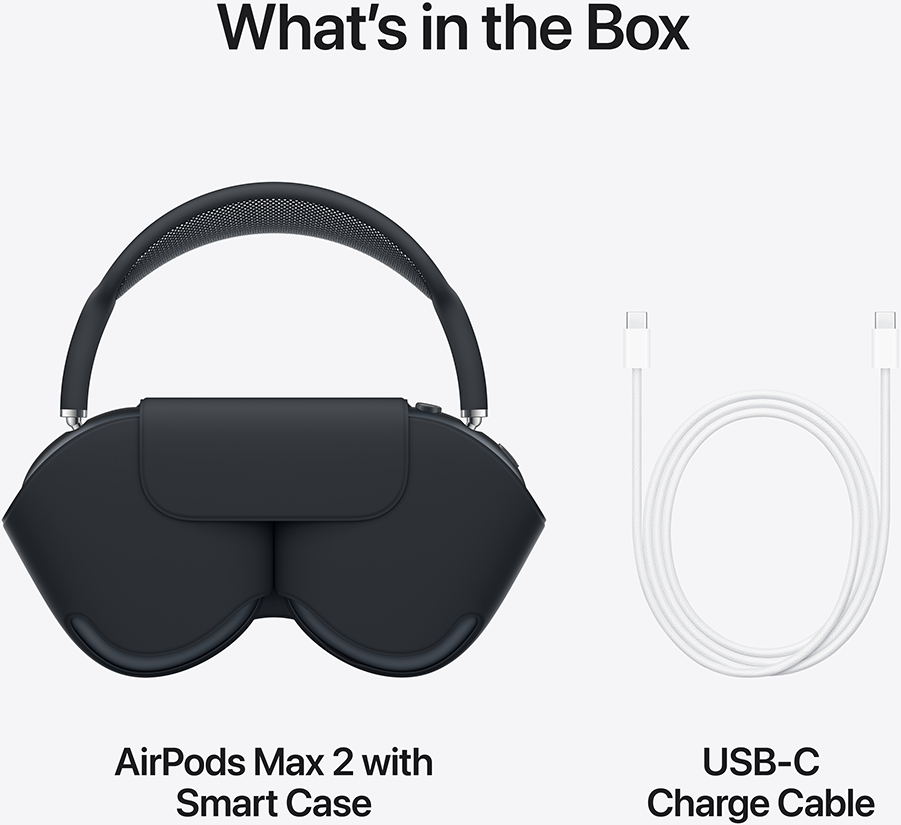 Sötét AirPods Max 2 Smart Case-szel és fehér USB-C kábellel.