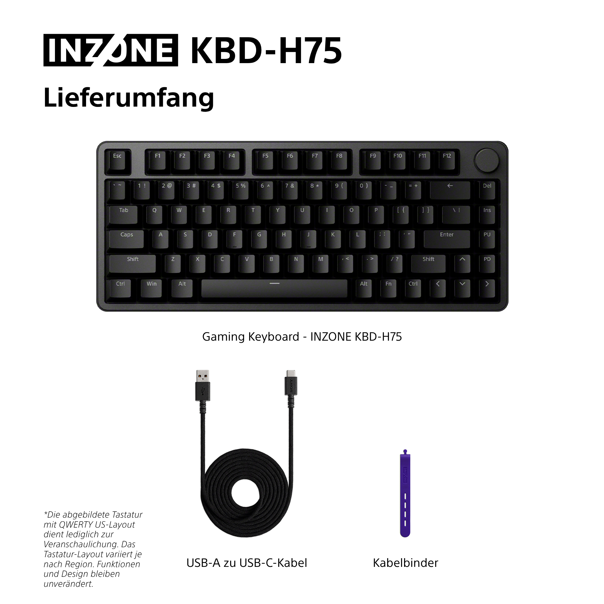 INZONE KBD-H75 Gaming Tastatur mit USB-C Kabel und Kabelbinder.
