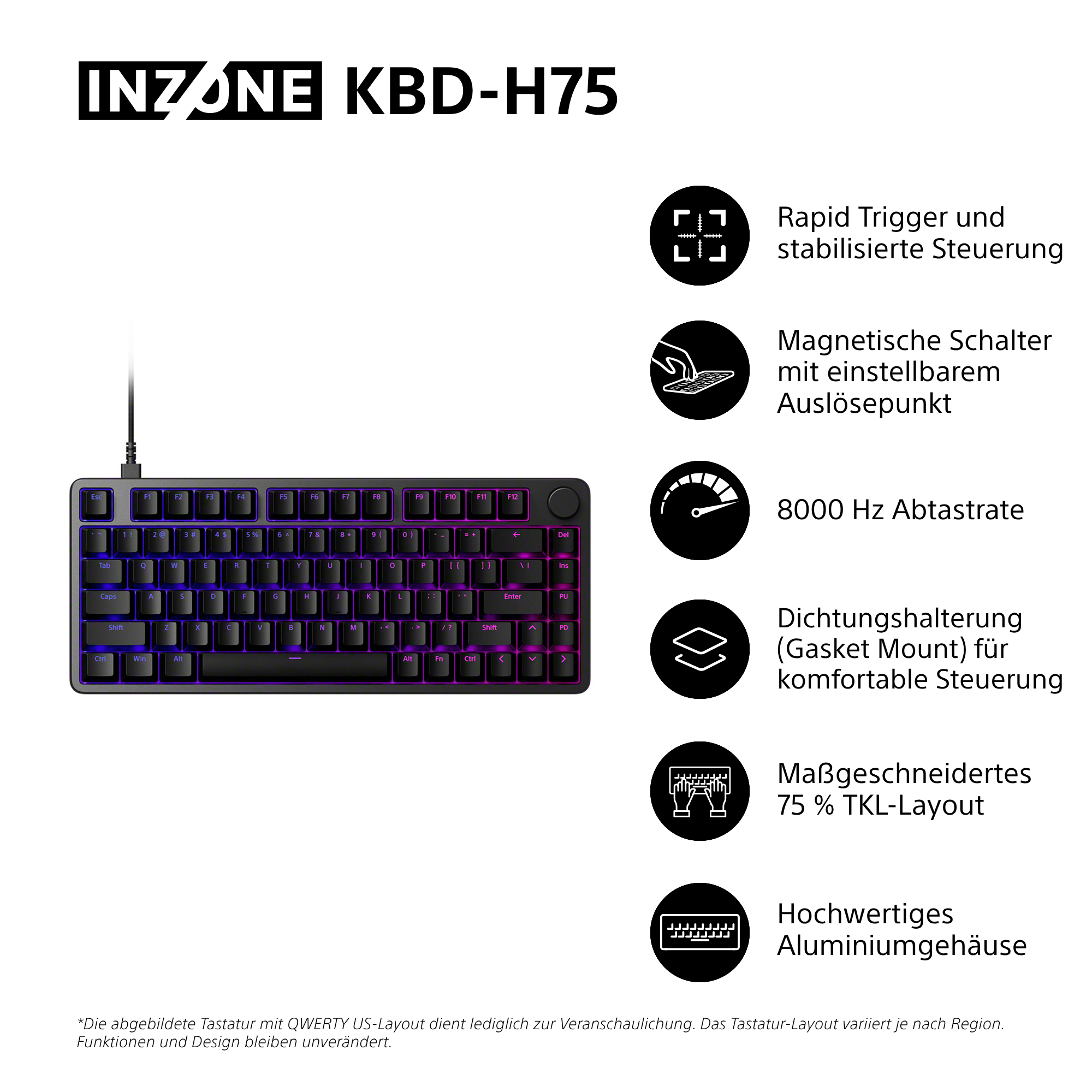 Eine schwarze Gaming-Tastatur mit lila Hintergrundbeleuchtung und weißen Tastenbeschriftungen.