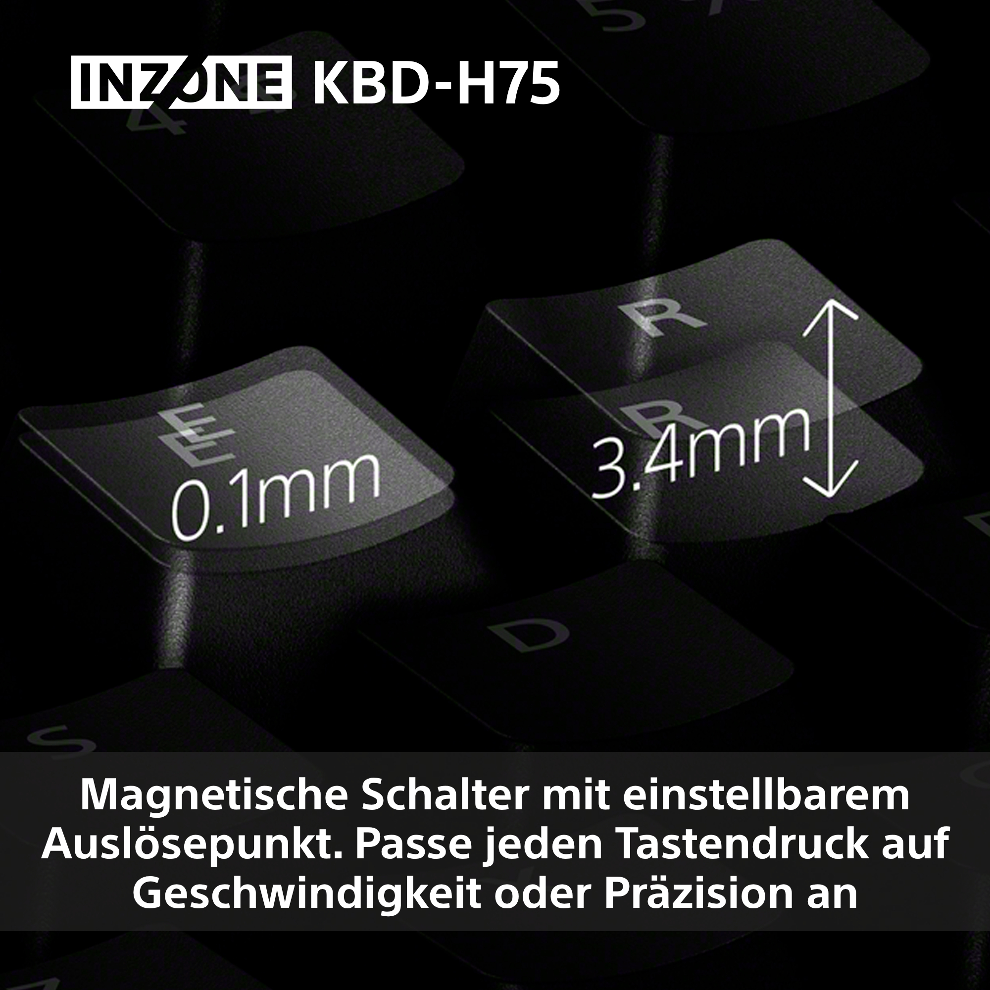 Tastatur mit "INZONE KBD-H75" Aufschrift. Zeigt 0.1mm und 3.4mm Maße.