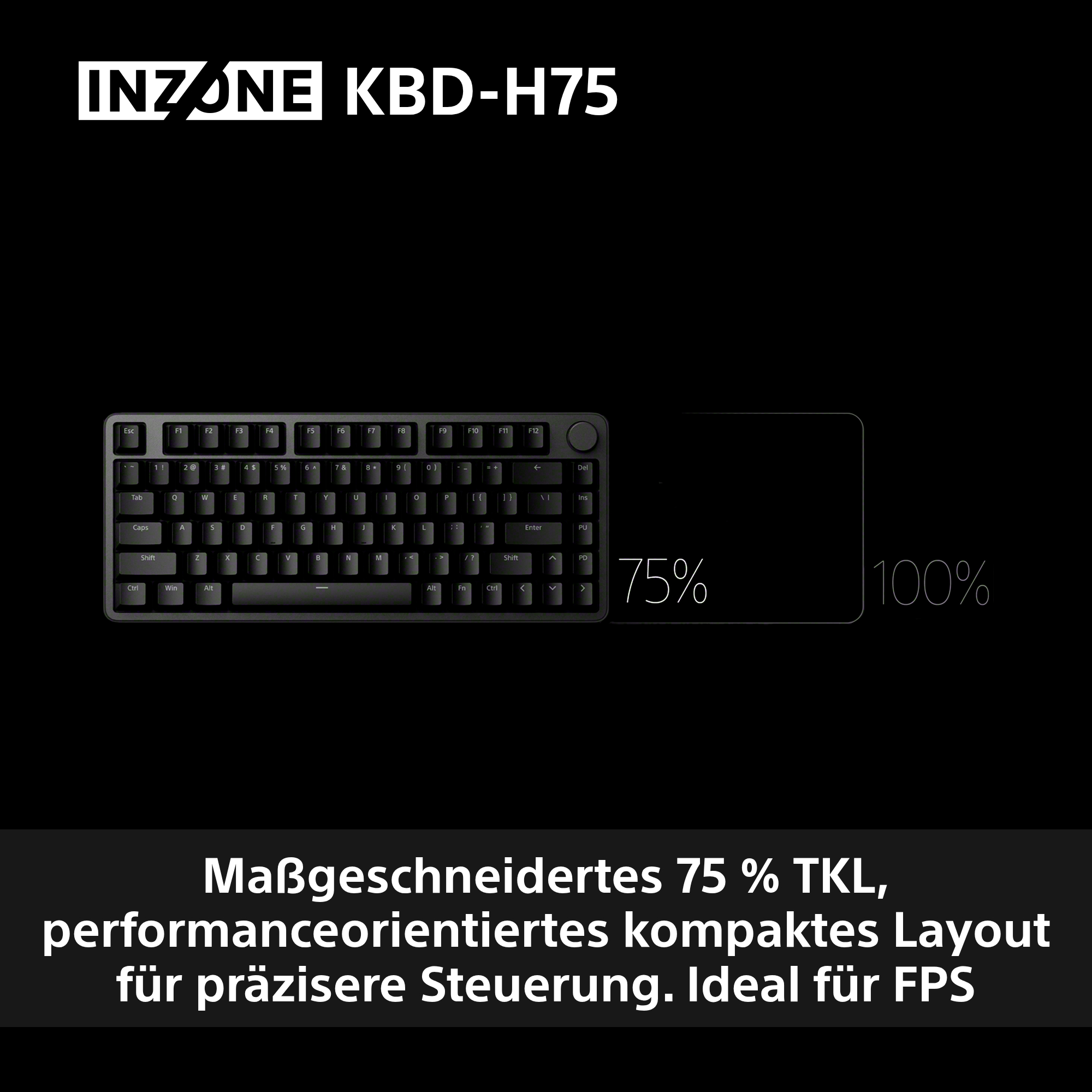 Tastatur INZONE KBD-H75 im 75% Layout, mit schwarzer Tastatur.