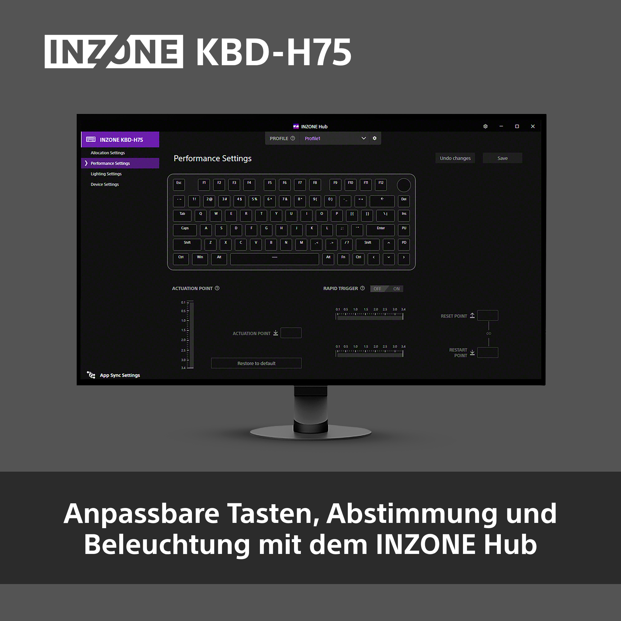 INZONE Hub-Software zeigt Tastatureinstellungen: Tastenbelegung, Aktionspunkt, Rapid Trigger.