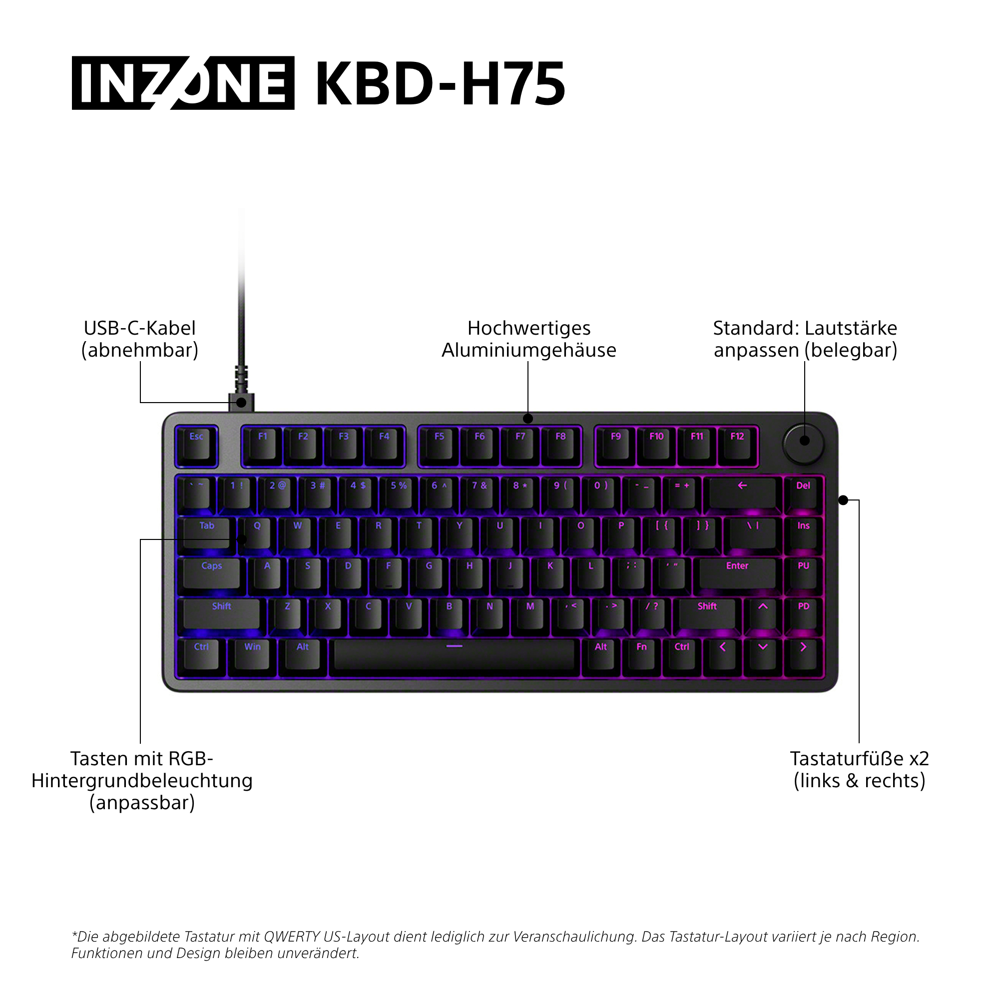 Eine schwarze Tastatur mit RGB-Beleuchtung und abnehmbarem USB-C-Kabel.
