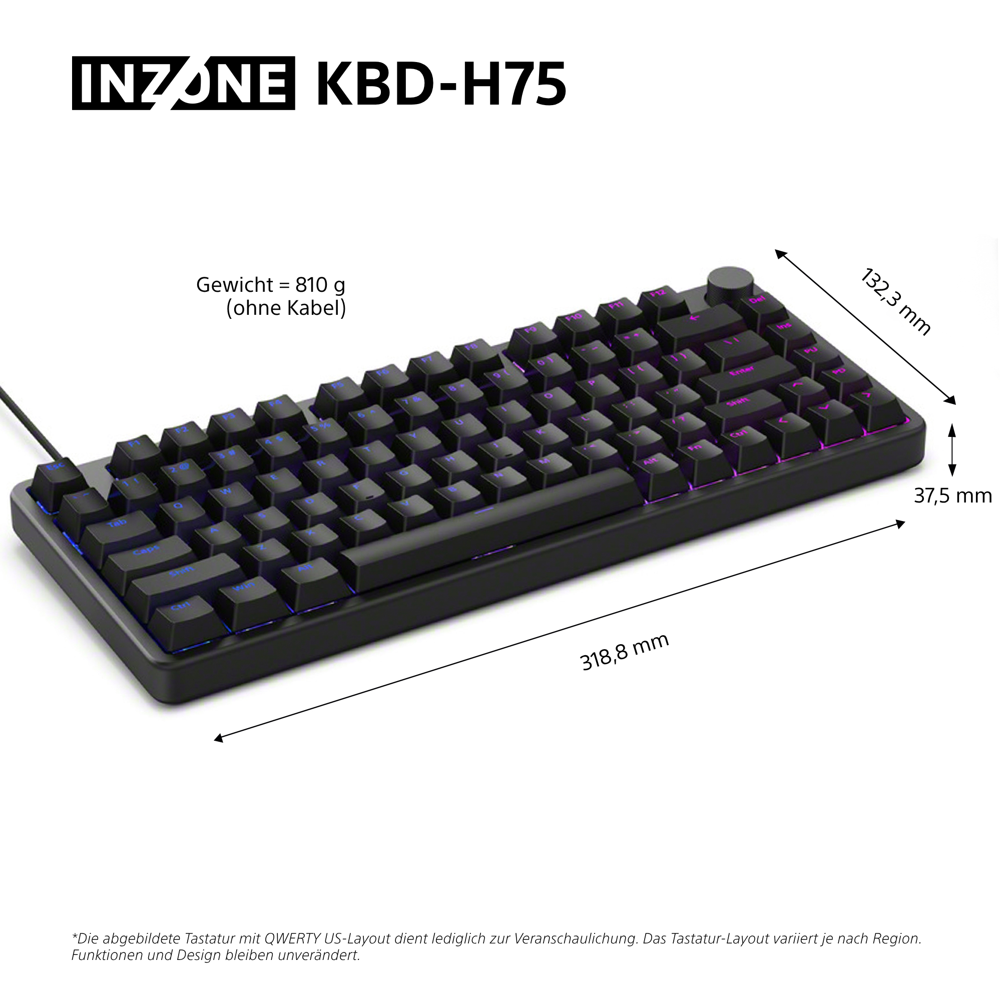 Eine schwarze INZONE KBD-H75 Tastatur mit violetten und blauen Tastenbeleuchtungen.