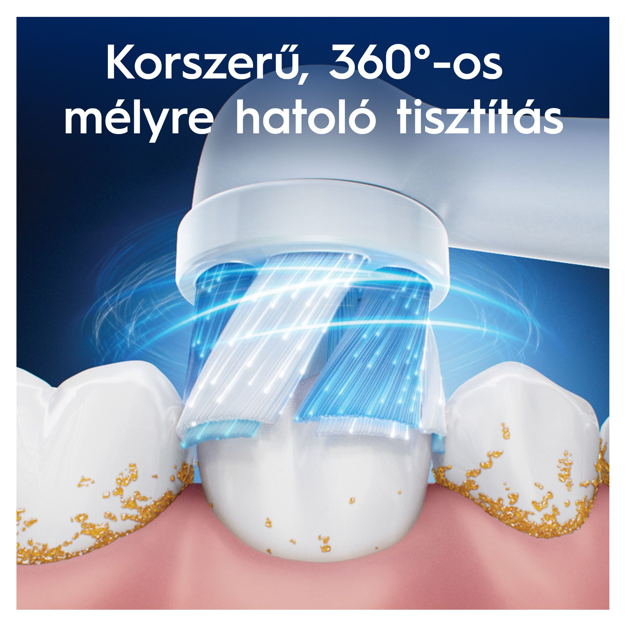 Elektromos fogkefe kék és fehér sörtékkel tisztítja a fogakat.