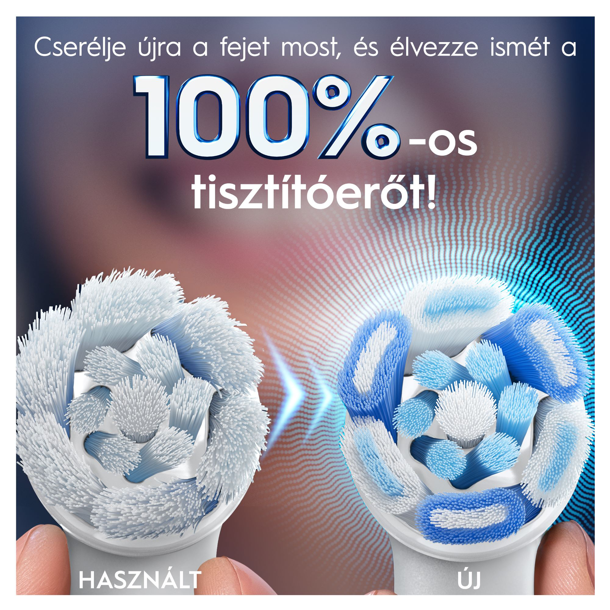 Két fogkefe fej, használt és új, kék és fehér sörtékkel.