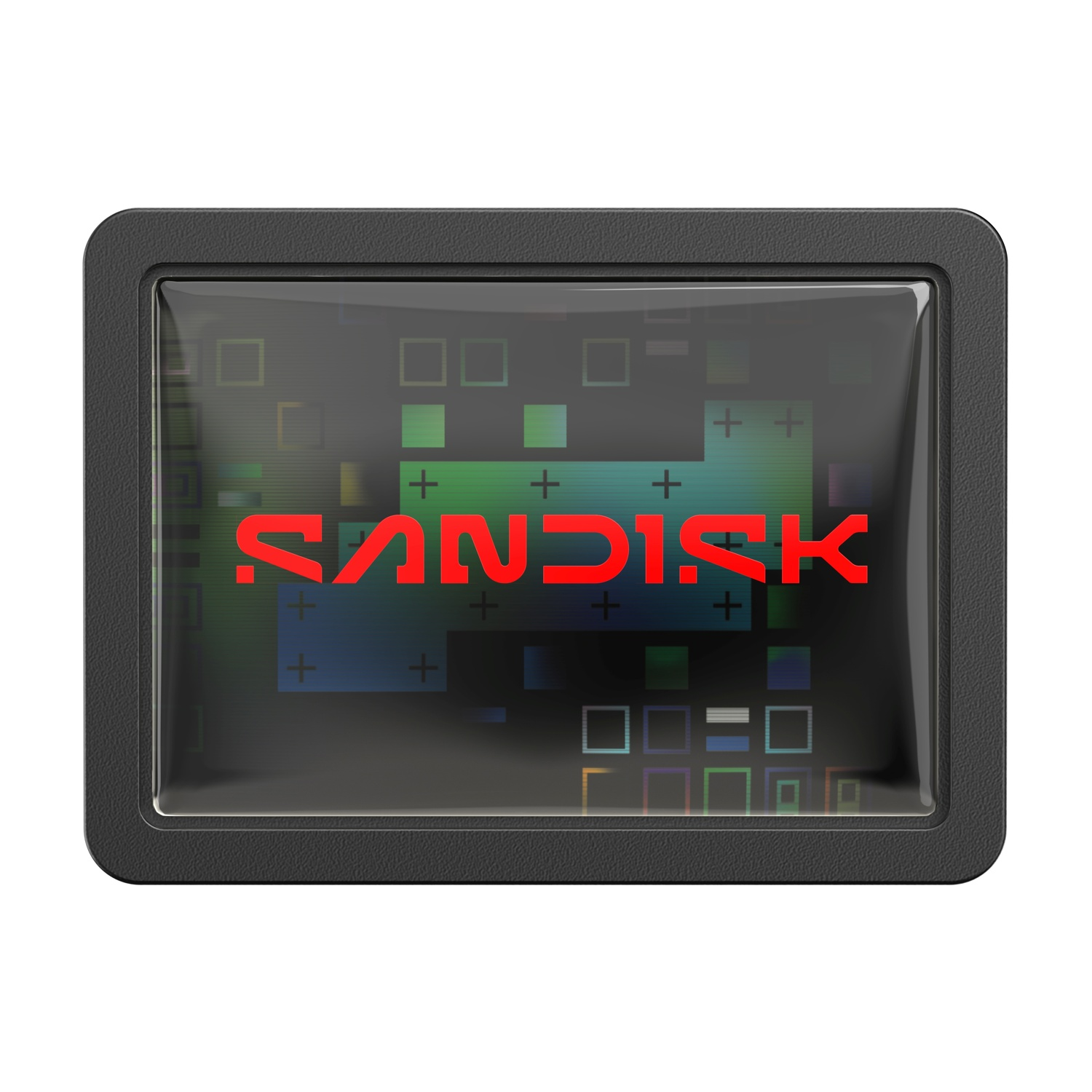 Una cornice nera circonda uno schermo con il logo rosso SanDisk e quadrati colorati.