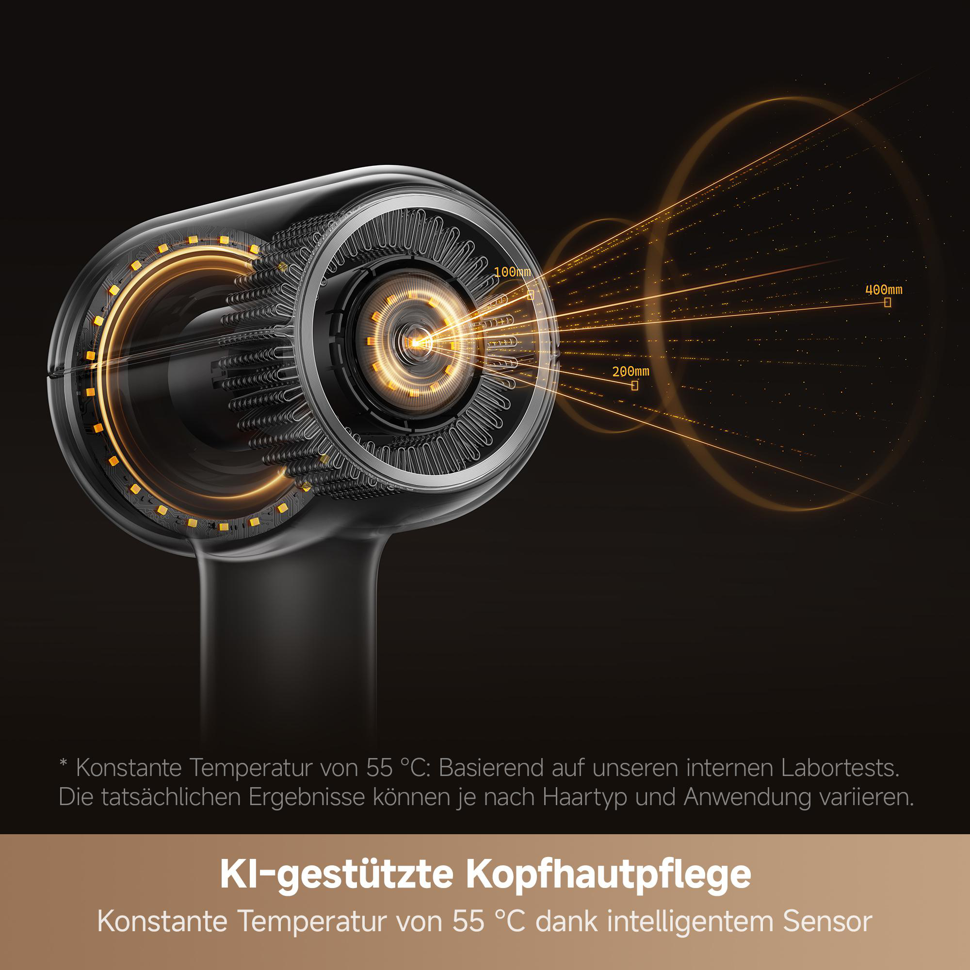 Detailansicht eines Föhns mit leuchtenden Kreisen und Entfernungsangaben.