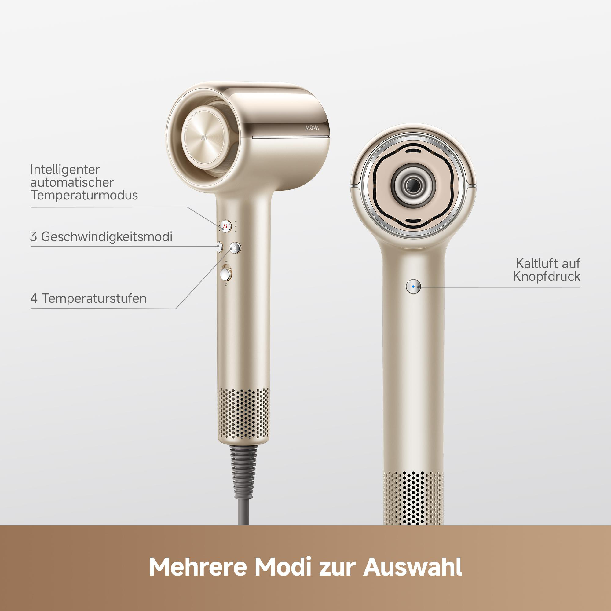Goldener Haartrockner mit verschiedenen Modi und Bedienelementen.