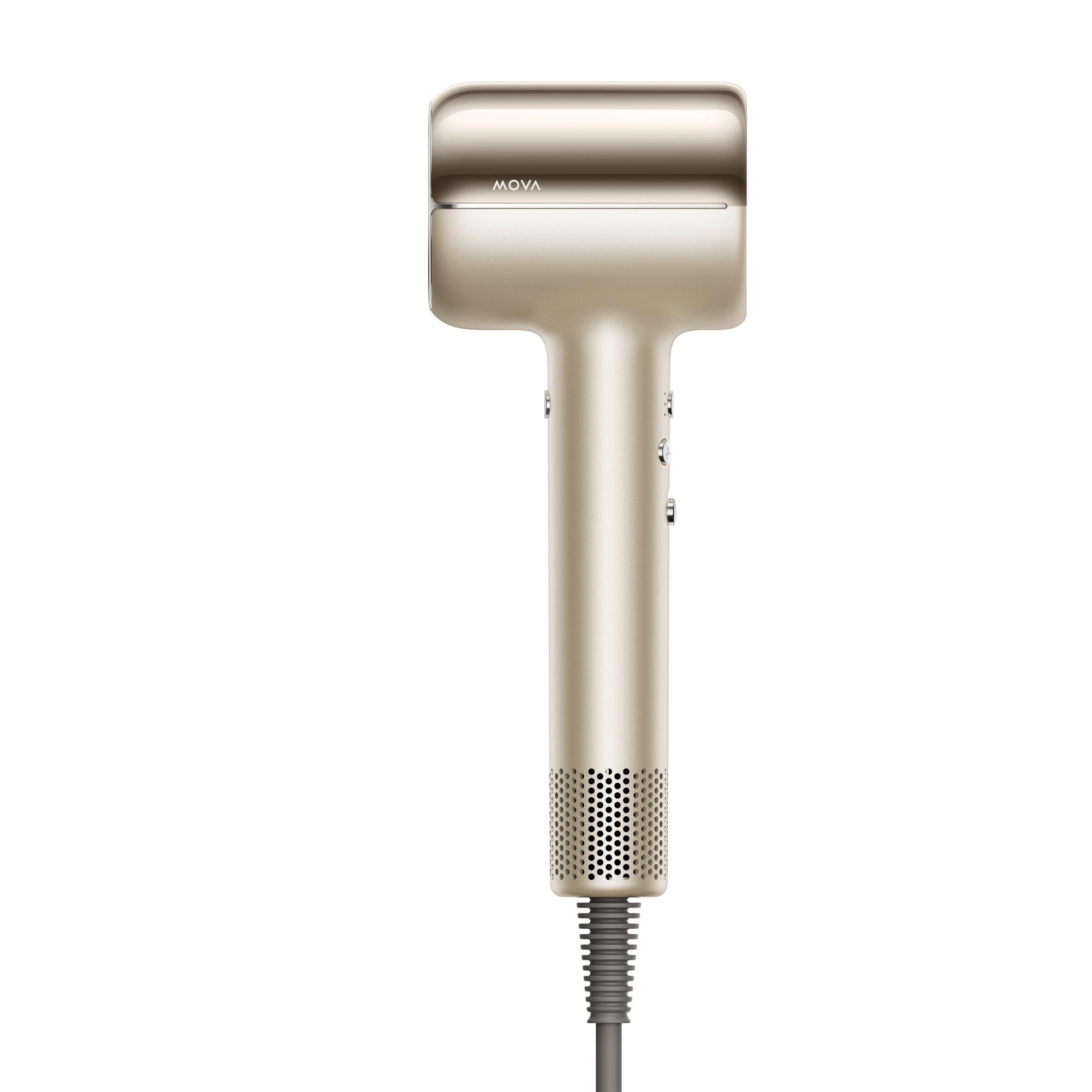 Ein goldener Haartrockner mit dem Logo 'MOVA' und Bedienelementen.