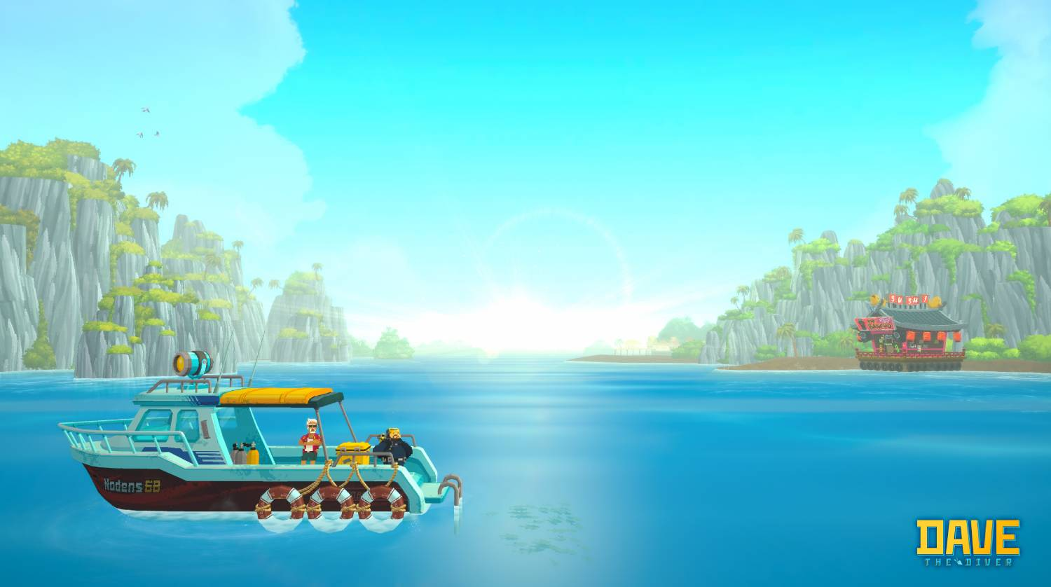 Un barco navega por el mar pasando una isla con un restaurante de sushi.