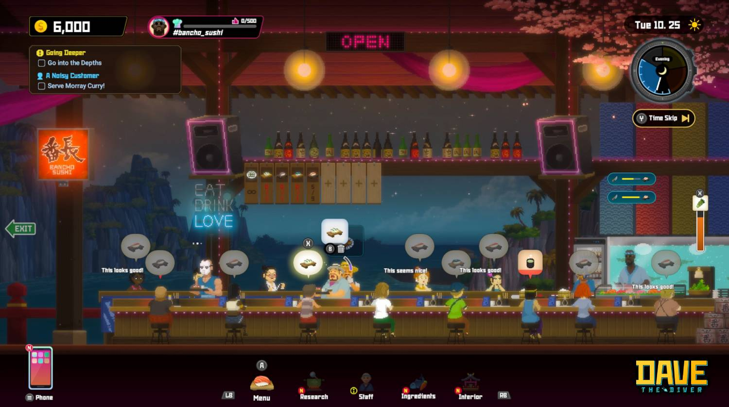 Restaurante de sushi pixelado con clientes en la barra y cartel de ABIERTO.