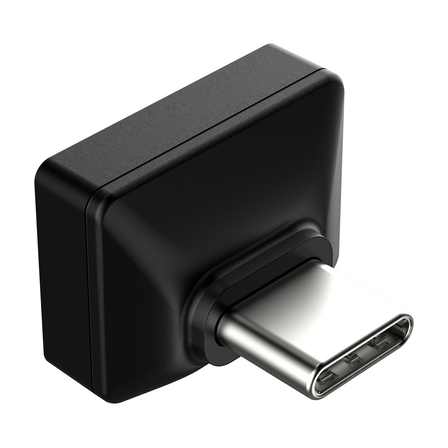 Un adattatore USB-C nero con connettore argentato, isolato su bianco.
