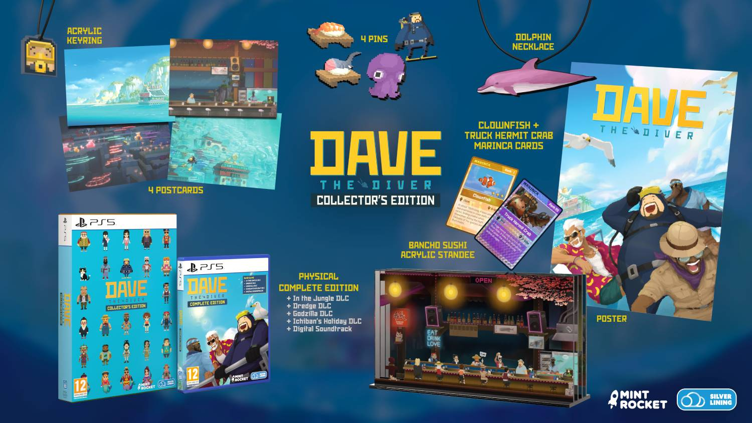 Edición Coleccionista de Dave the Diver con juegos, postales, llavero, pines, collar, cartas, figura y póster.