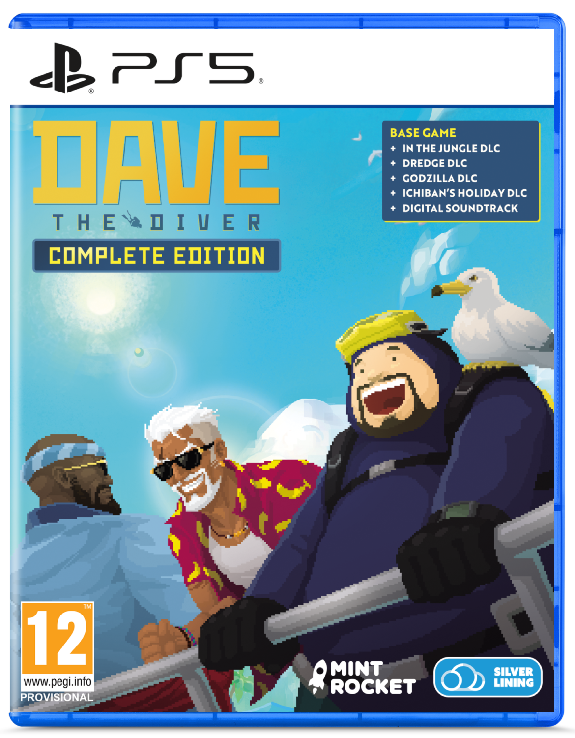 Portada del juego PS5: Dave the Diver Complete Edition. Tres hombres en un barco con una gaviota.