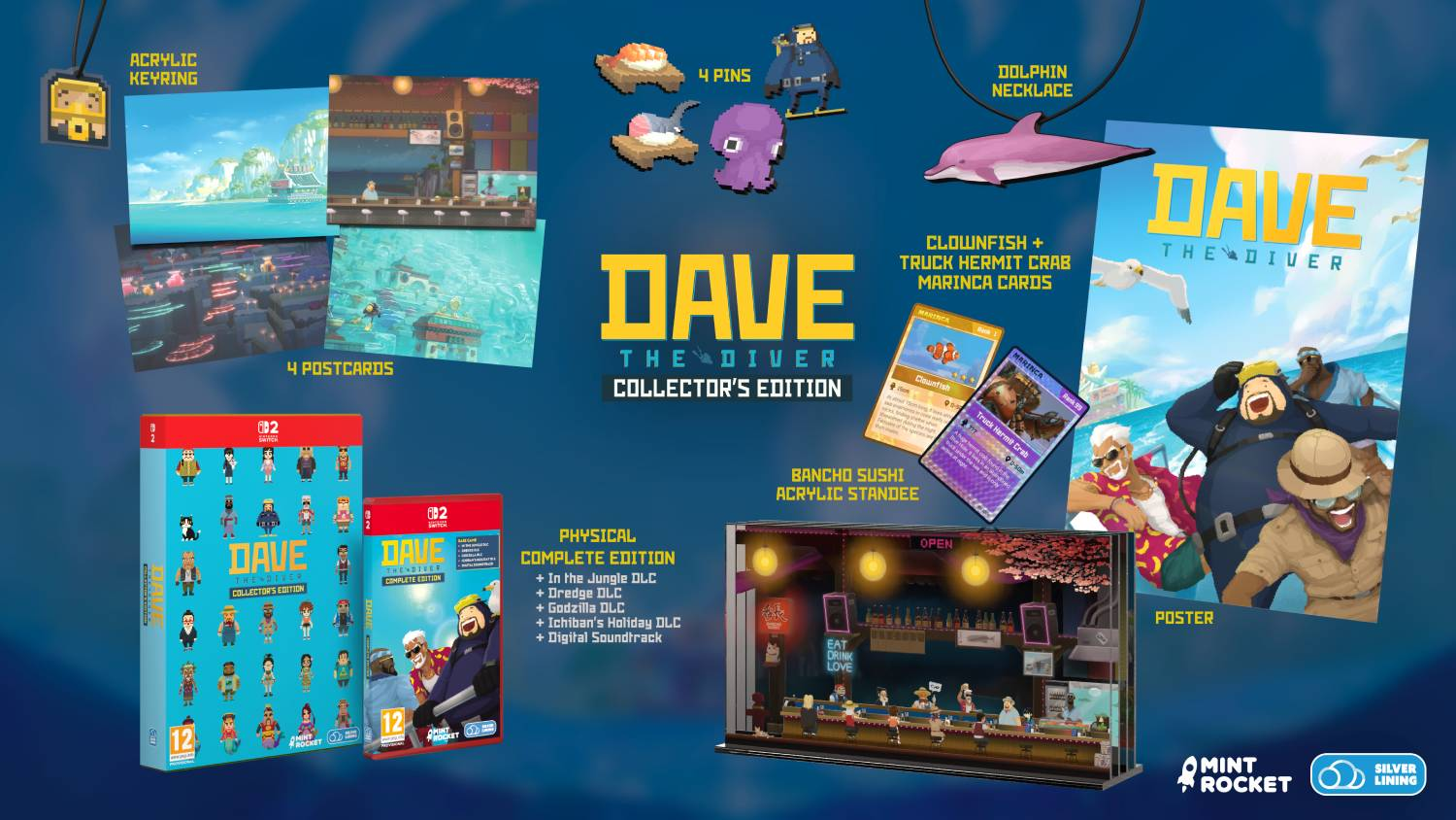 Edición Coleccionista de Dave the Diver con llavero, postales, pines, collar, cartas, figura y póster.