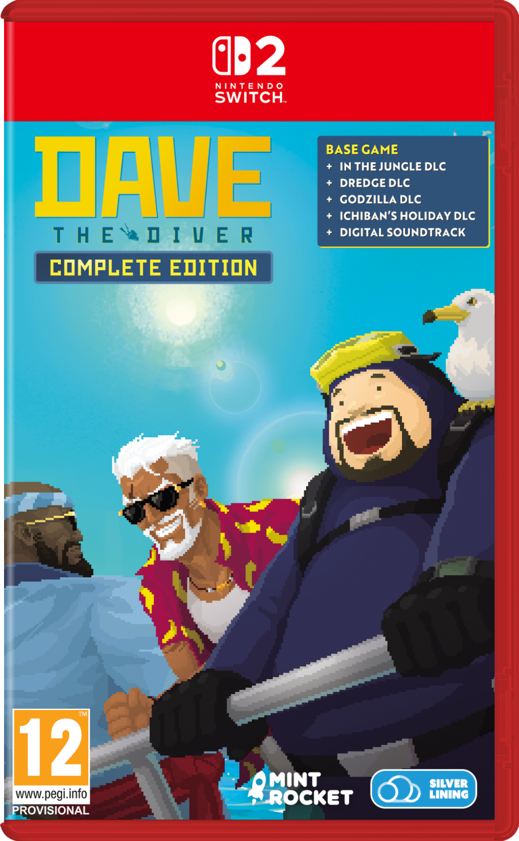 Portada del juego con tres personajes pixelados y un pájaro. Un hombre con traje de buzo ríe.