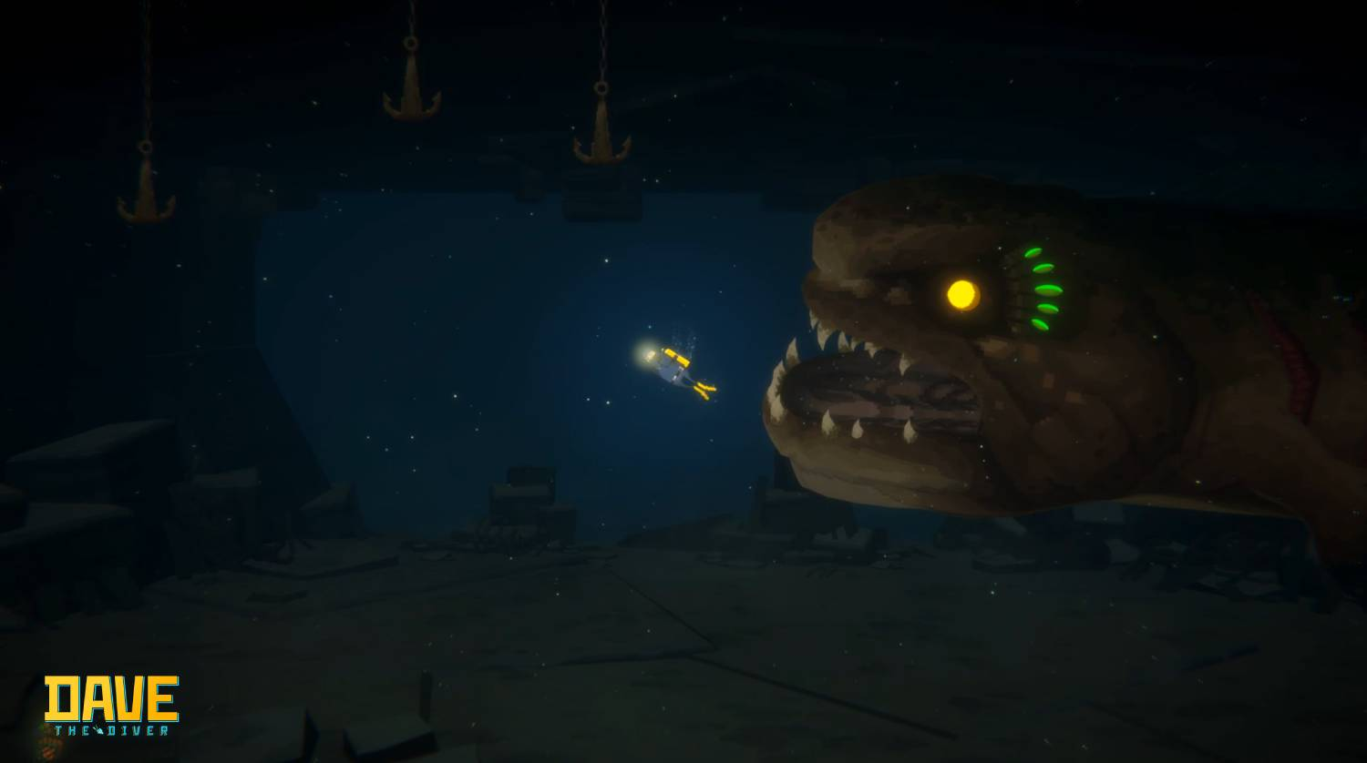 Un buzo nada hacia un pez gigante, ganchos cuelgan desde arriba.