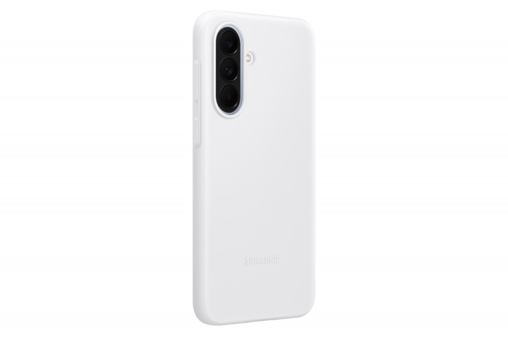 Egy fehér telefontok három kamerával és Samsung logóval.