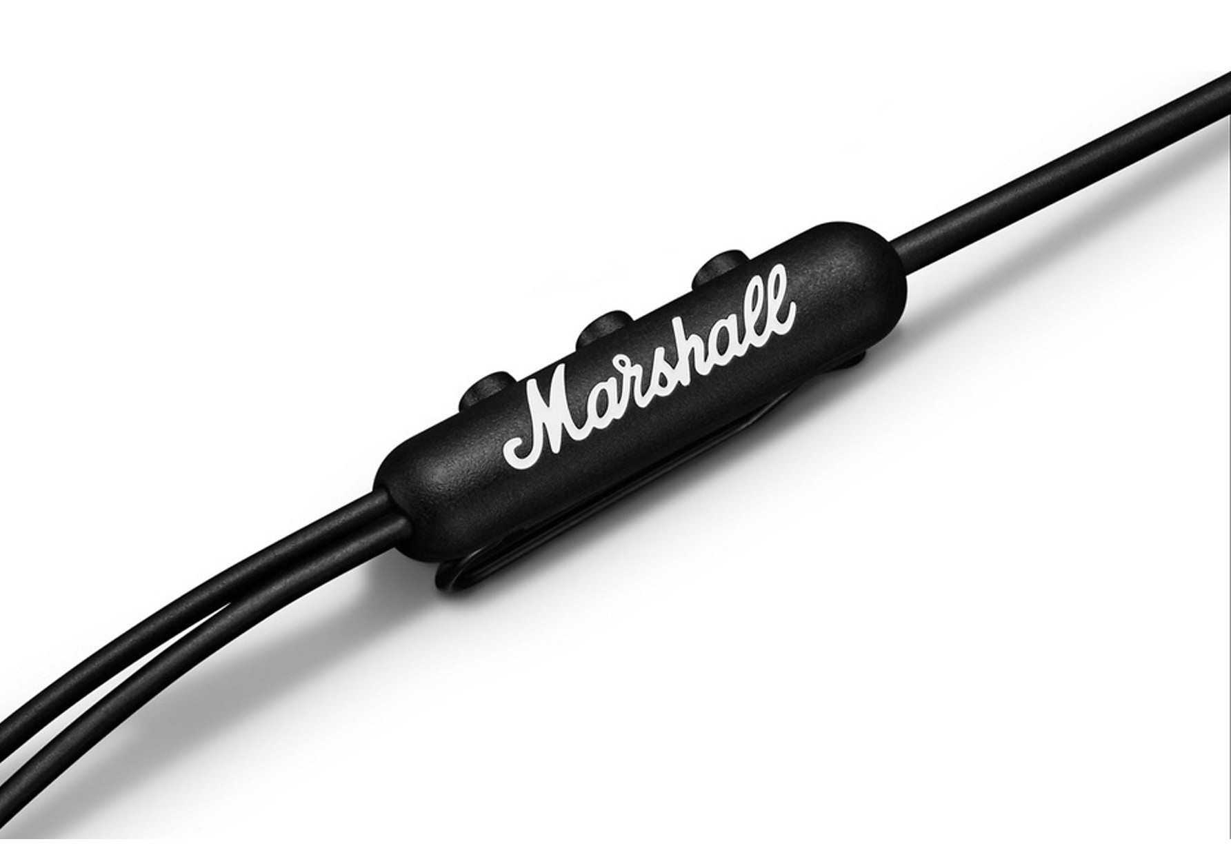 Czarny pilot do słuchawek Marshall z trzema przyciskami na białym tle.