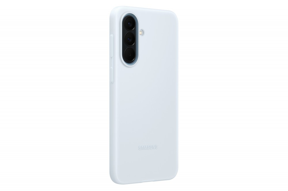 Világoskék telefontok három kamerával és Samsung logóval.