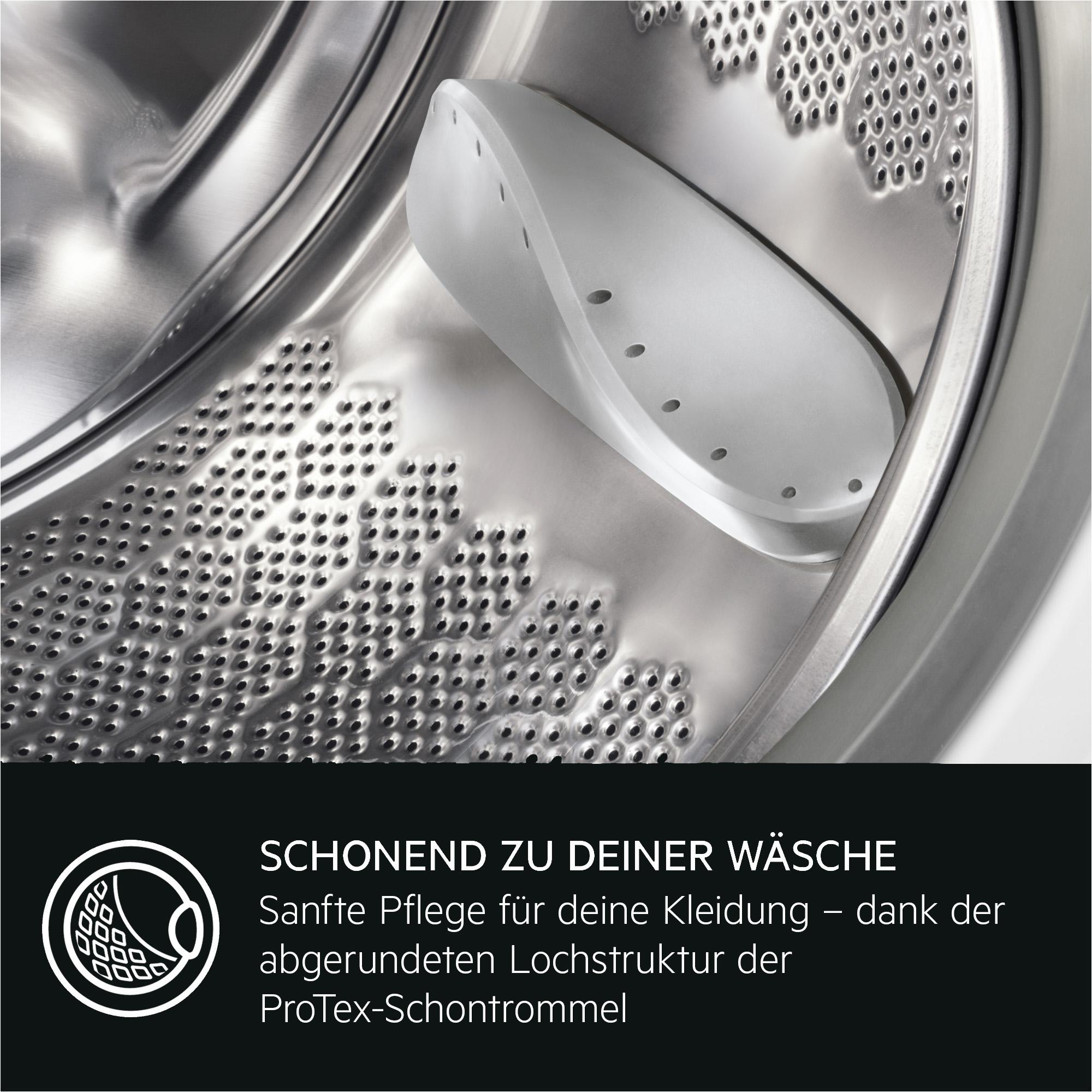 Detailansicht der Trommel einer Waschmaschine mit Lochmuster und einem Heber.