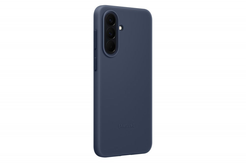Sötétkék telefontok kameramodullal és Samsung logóval fehér háttéren.