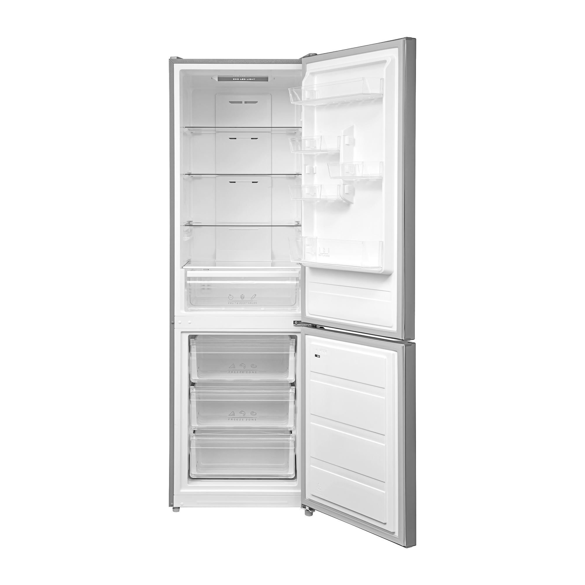 Ein offener silberner Kühlschrank mit transparenten Schubladen und Türfächern.
