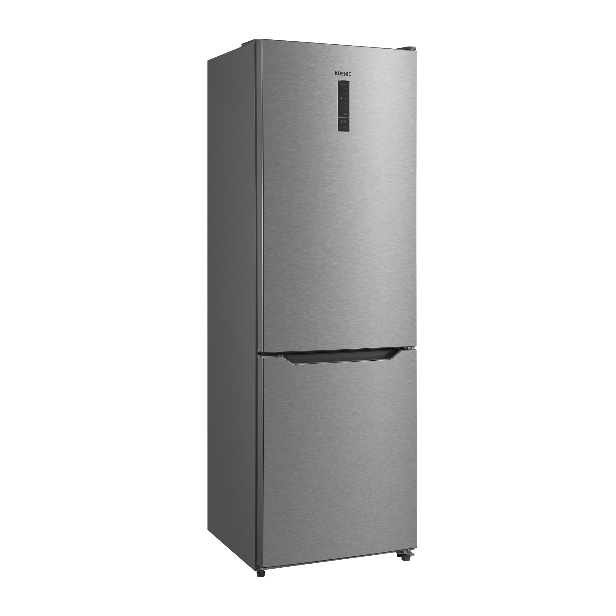 Ein schlanker, silberner Kühlschrank mit Gefrierfach und digitaler Anzeige.