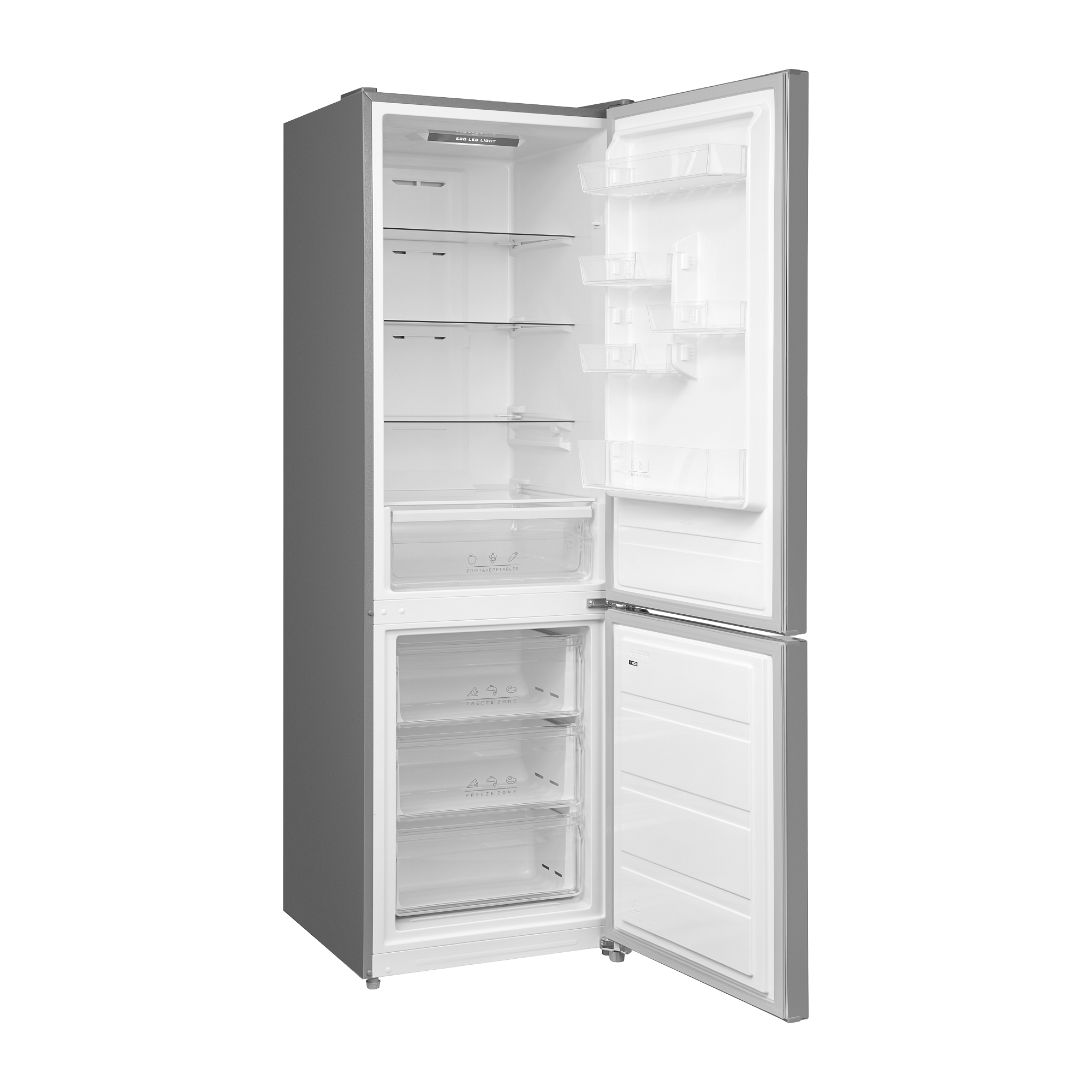 Ein leerer, offener Kühlschrank mit Glasböden, Schubladen und Türfächern.