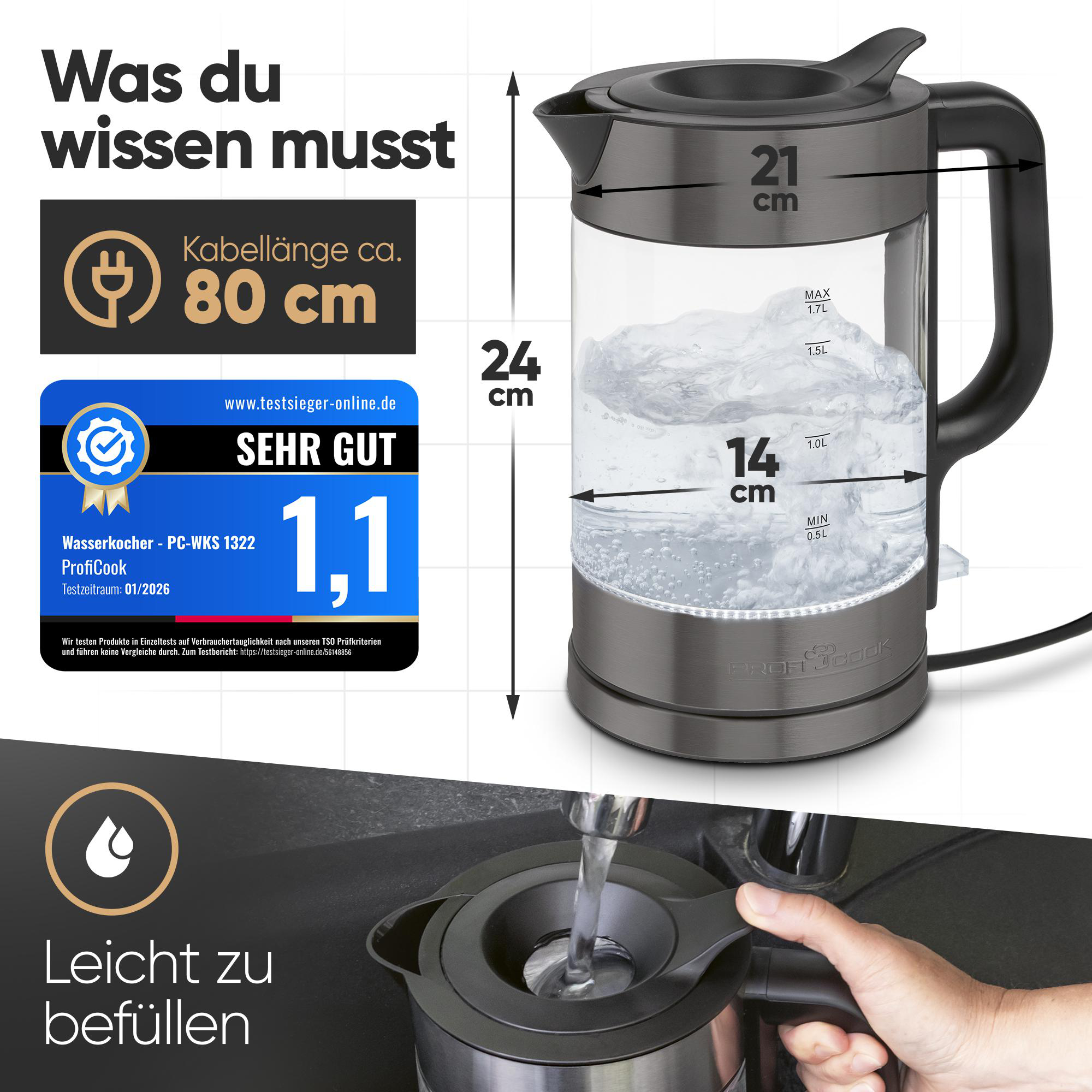 Glaswasserkocher mit 24cm Höhe, 21cm Breite. Kabel 80cm. "Sehr Gut" Bewertung.